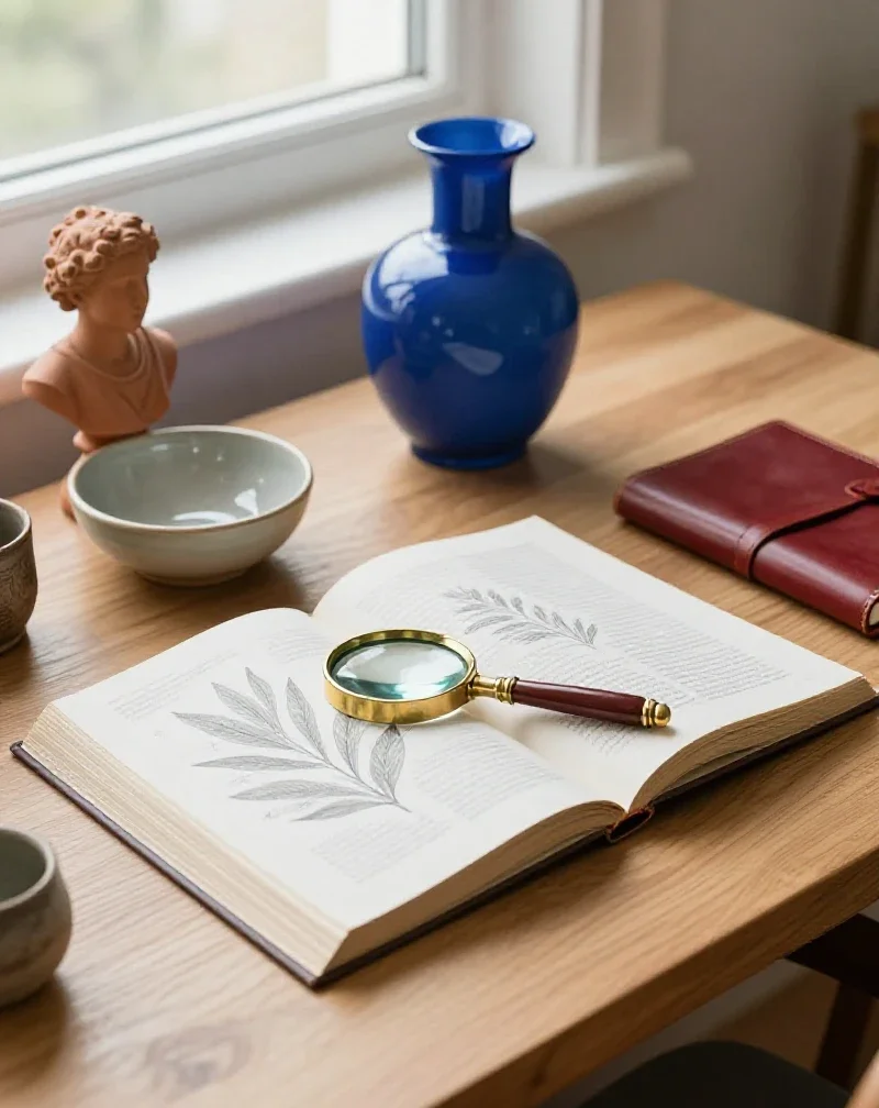 Divers objets de savoir sur un bureau évoquant la richesse des thèmes abordés par le blog.